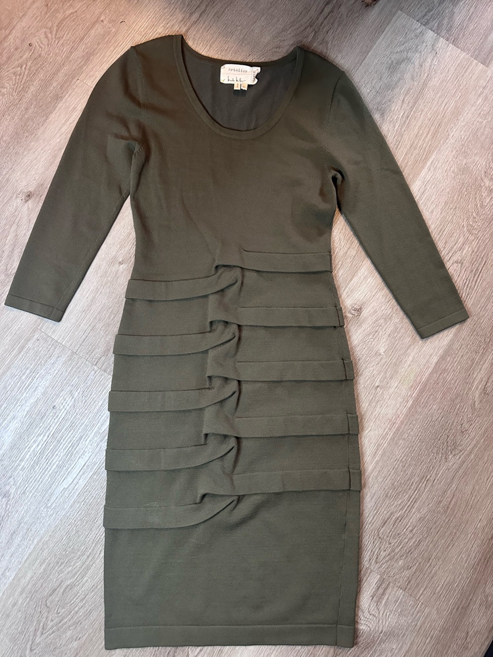 Nicole Miller Olive Green Layered Knit Sheath Dress